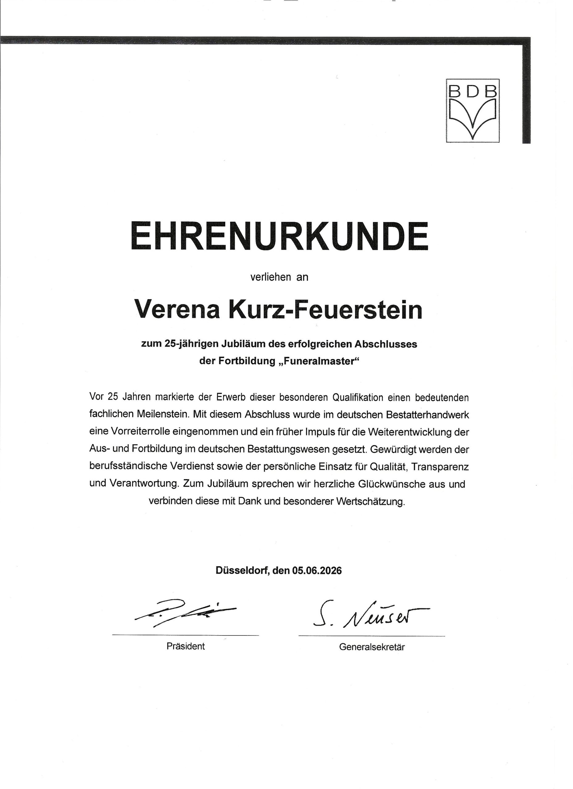Ehrenurkunde Funeralmaster