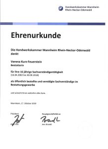 Ehrenurkunde Sachverständigentätigkeit