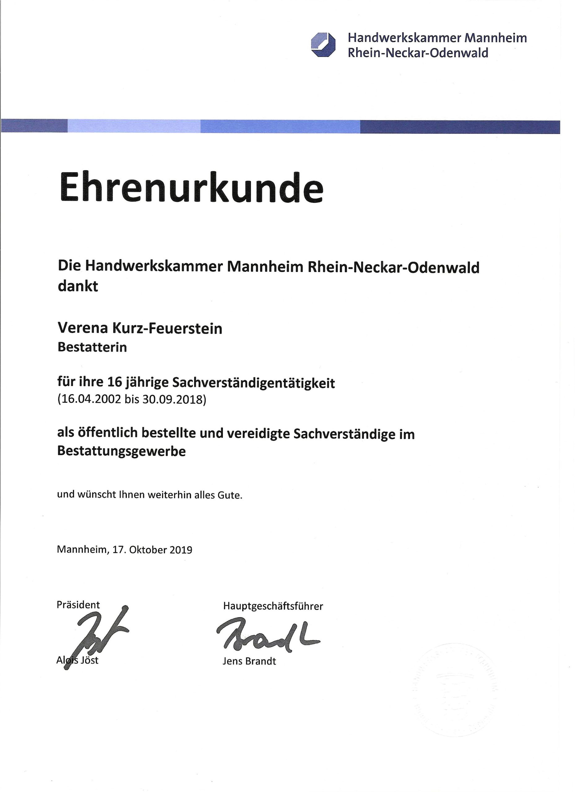 Ehrenurkunde Sachverständigentätigkeit