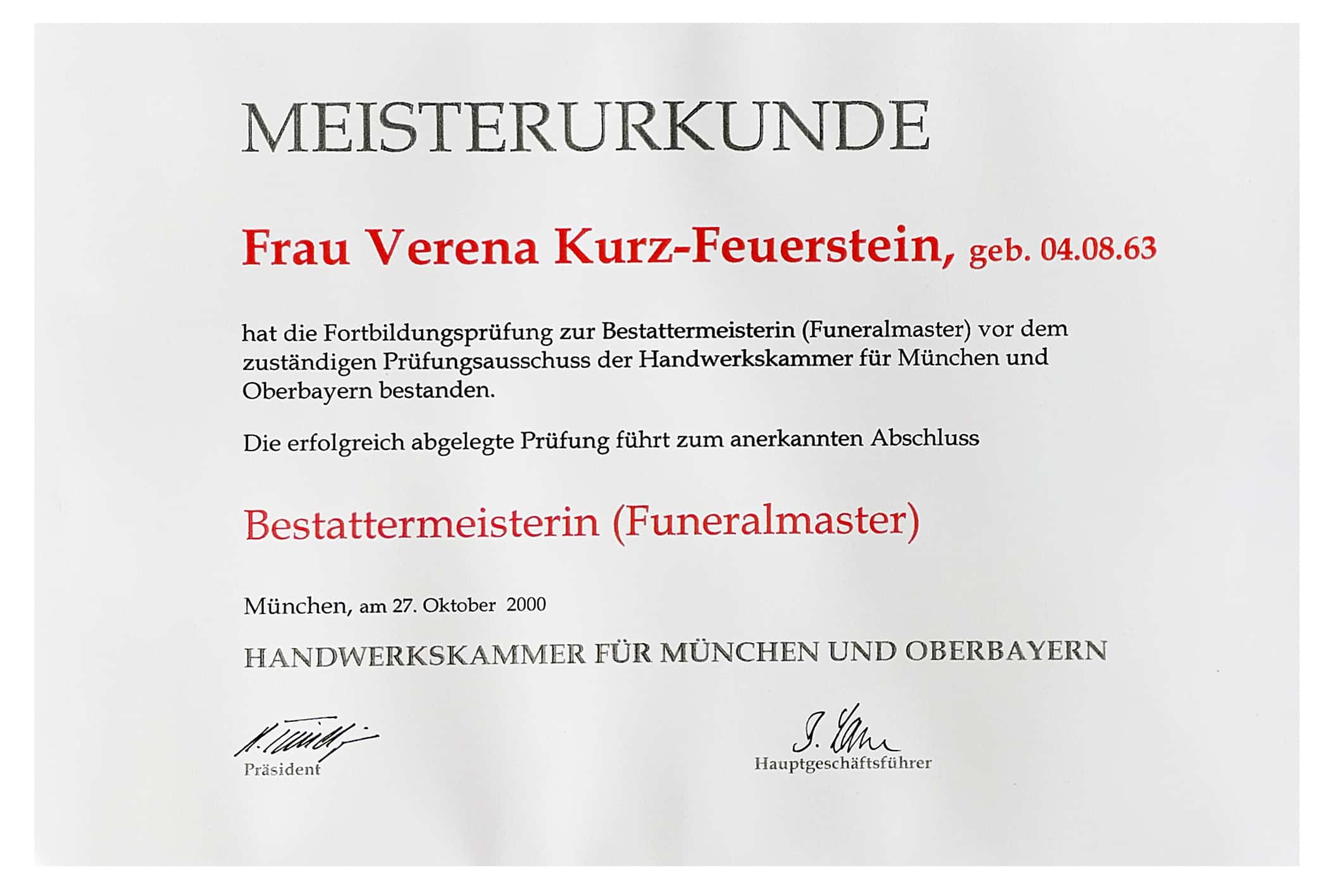 Meisterurkunde Funeralmaster