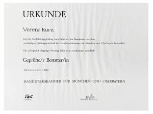 Urkunde Geprüfte Bestatterin