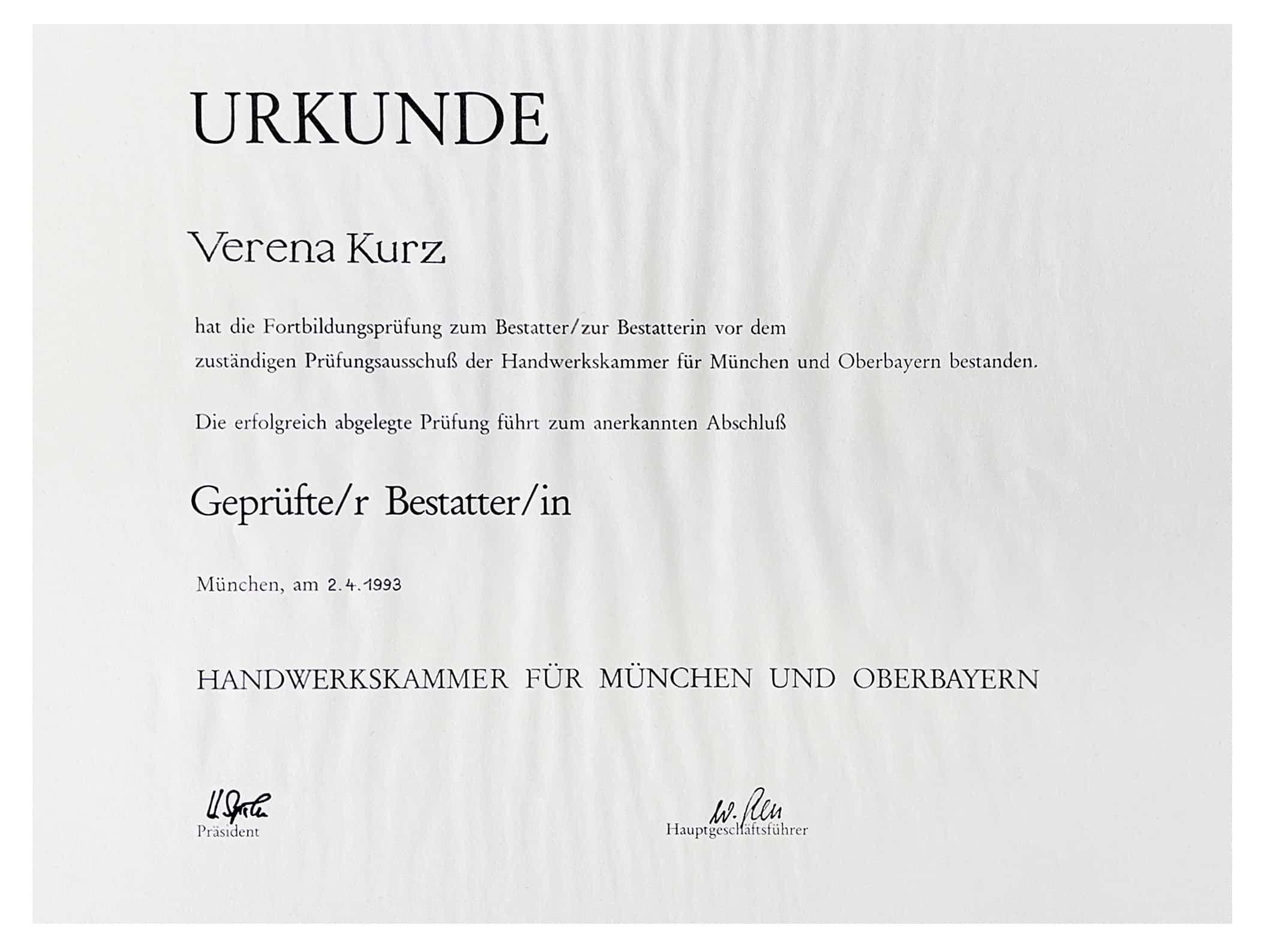 Urkunde Geprüfte Bestatterin